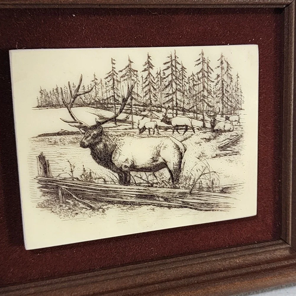 Vintage Framed Scrimshaw Style Elk Wilderness Art Rustic Cabin Decor 7x6